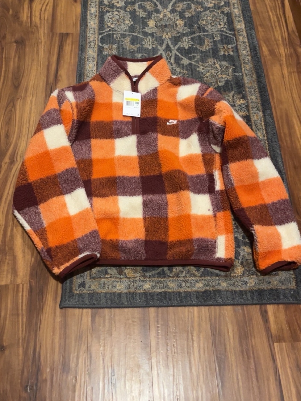 Nike Men's Orange Plaid Sherpa Pullover Sweater